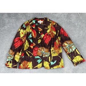 Coldwater Creek Sz L Jacket 100% Silk Open Front Long Sleeve Brown Green Floral